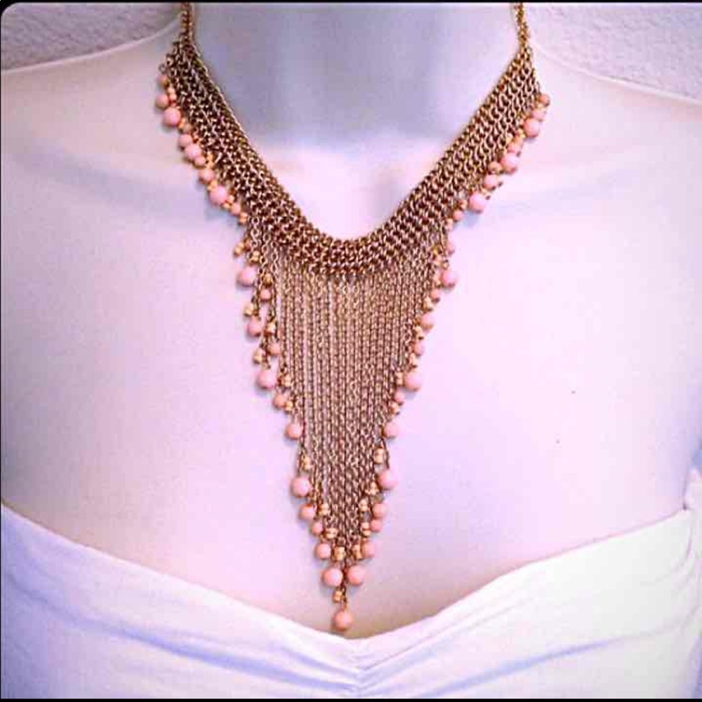 Boho Gold Pink Tassel Statement Bib necklace
